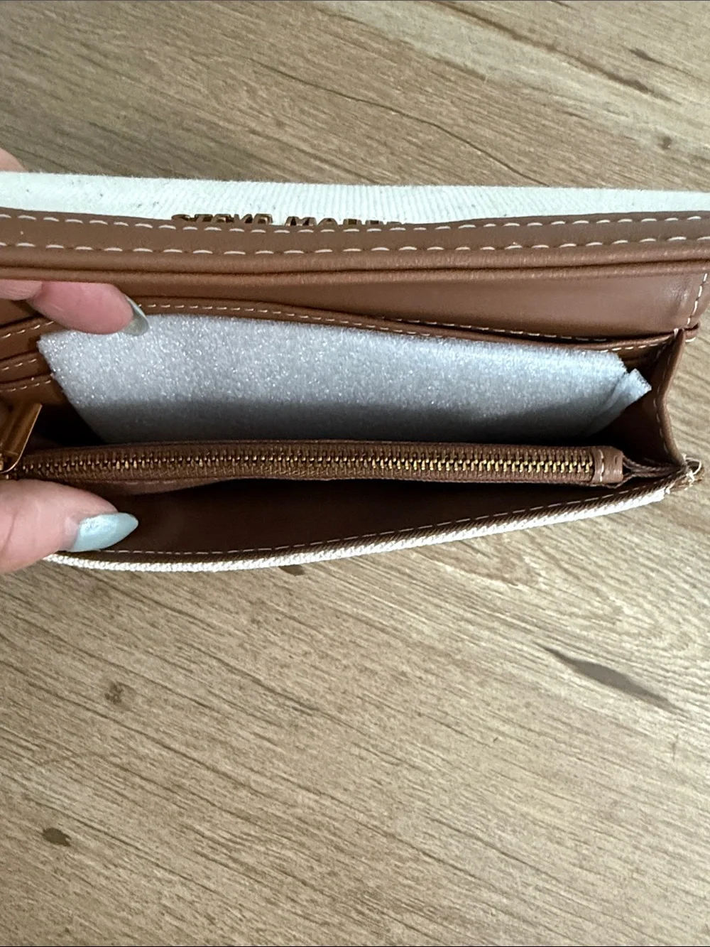 Steve Madden Cream Canvas Wallet with Brown Trim and Gold Logo